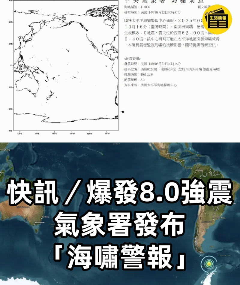 快訊／爆發8.0強震！氣象署發布「海嘯警報」
