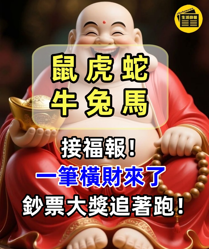 鼠虎蛇牛兔馬接福報：一筆橫財來了，鈔票大獎追著跑！記得提醒家裡人！